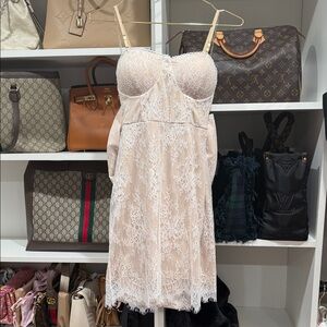 Lace OVERLAY NUDE BOW DRESS